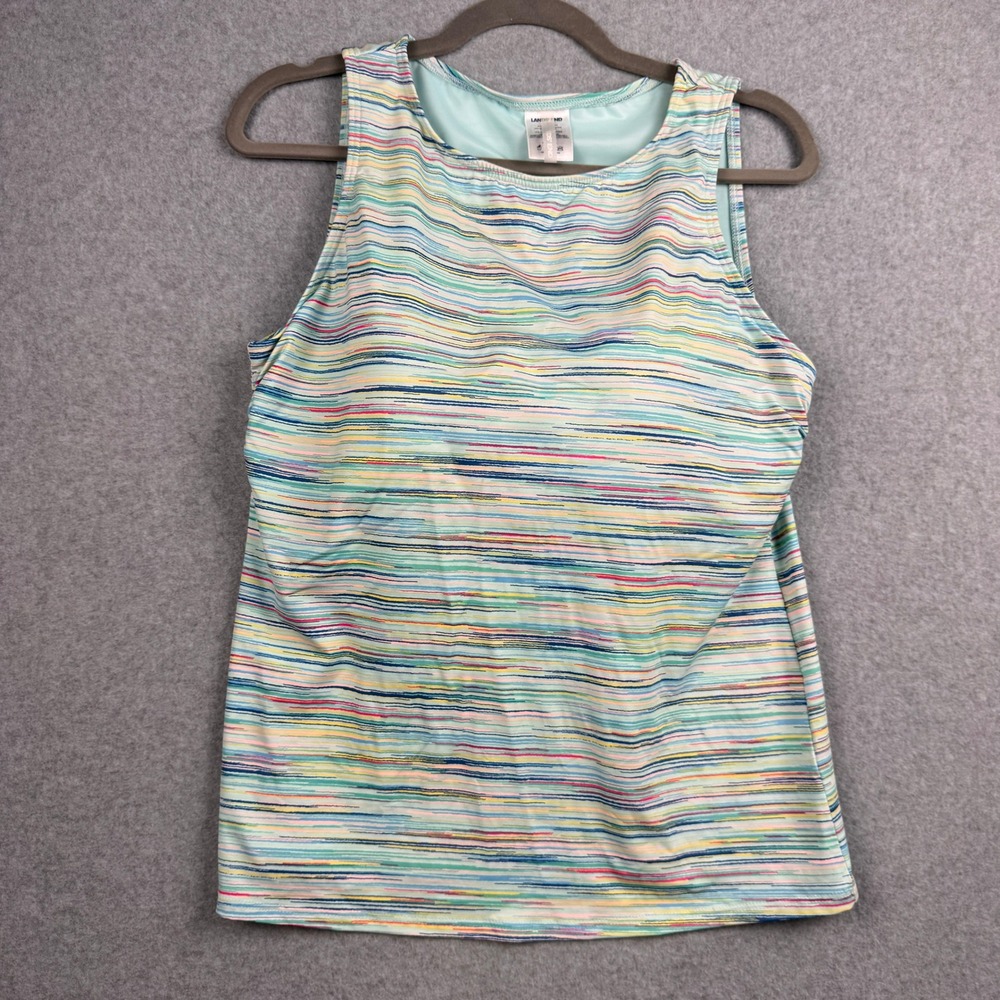 Lands End Tankini Top Womens 12 DDD Blue Multi Striped High Neck Swimwear Beach